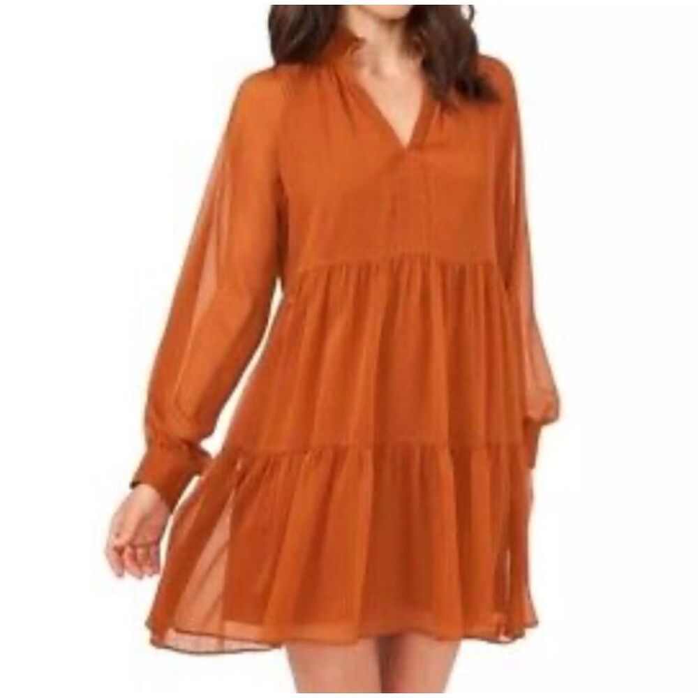 1.State Womens Split Neck Tiered Long Sleeve Lined Babydoll Mini Dress Burnt Ora